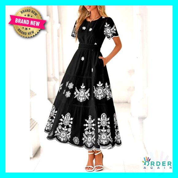 Boho Floral Maxi Dress V Neck Short Sleeve Elastic Waist Pockets Tiered - Picture 3 of 7